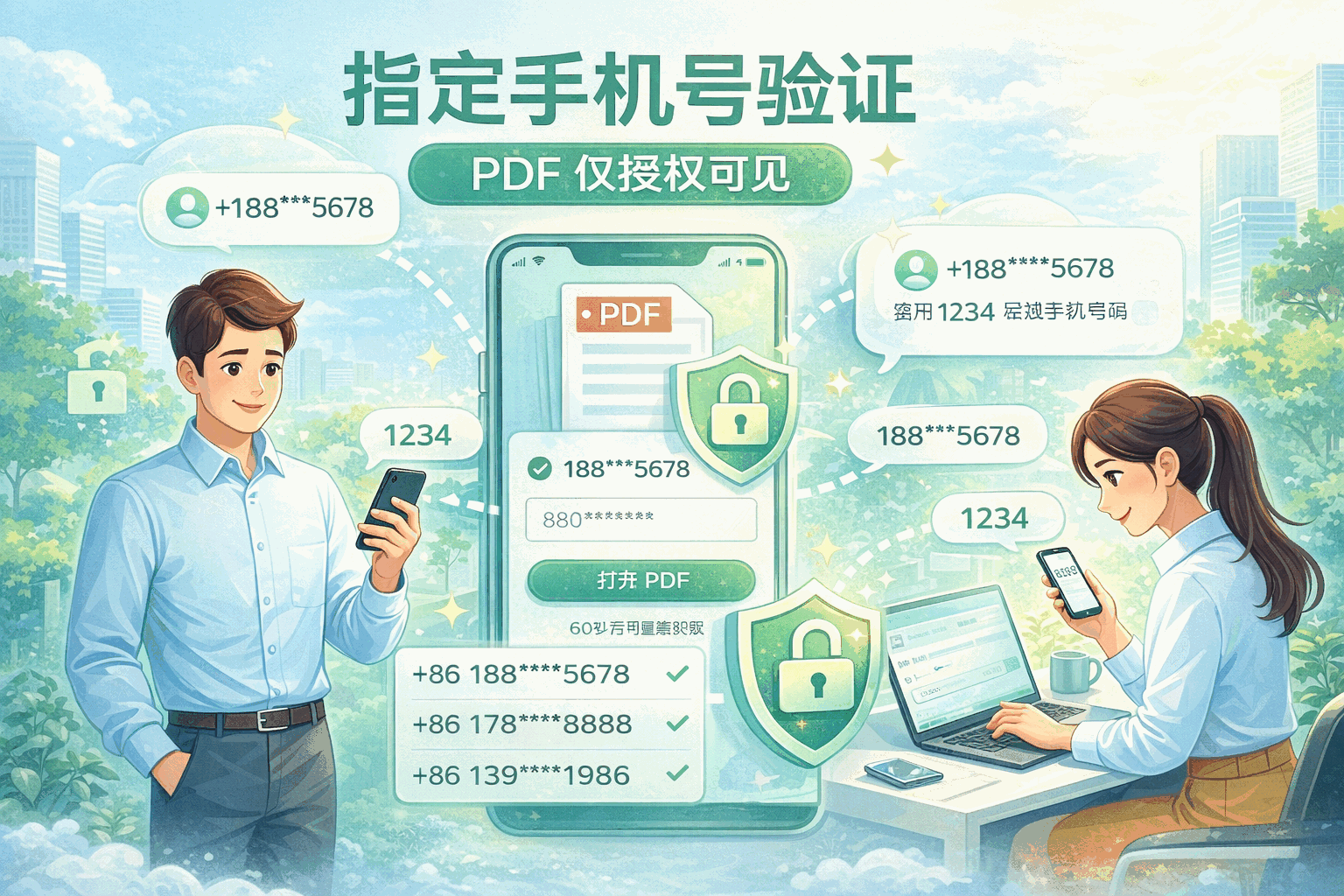 接收者通过手机号验证后查看 PDF 的宣传图